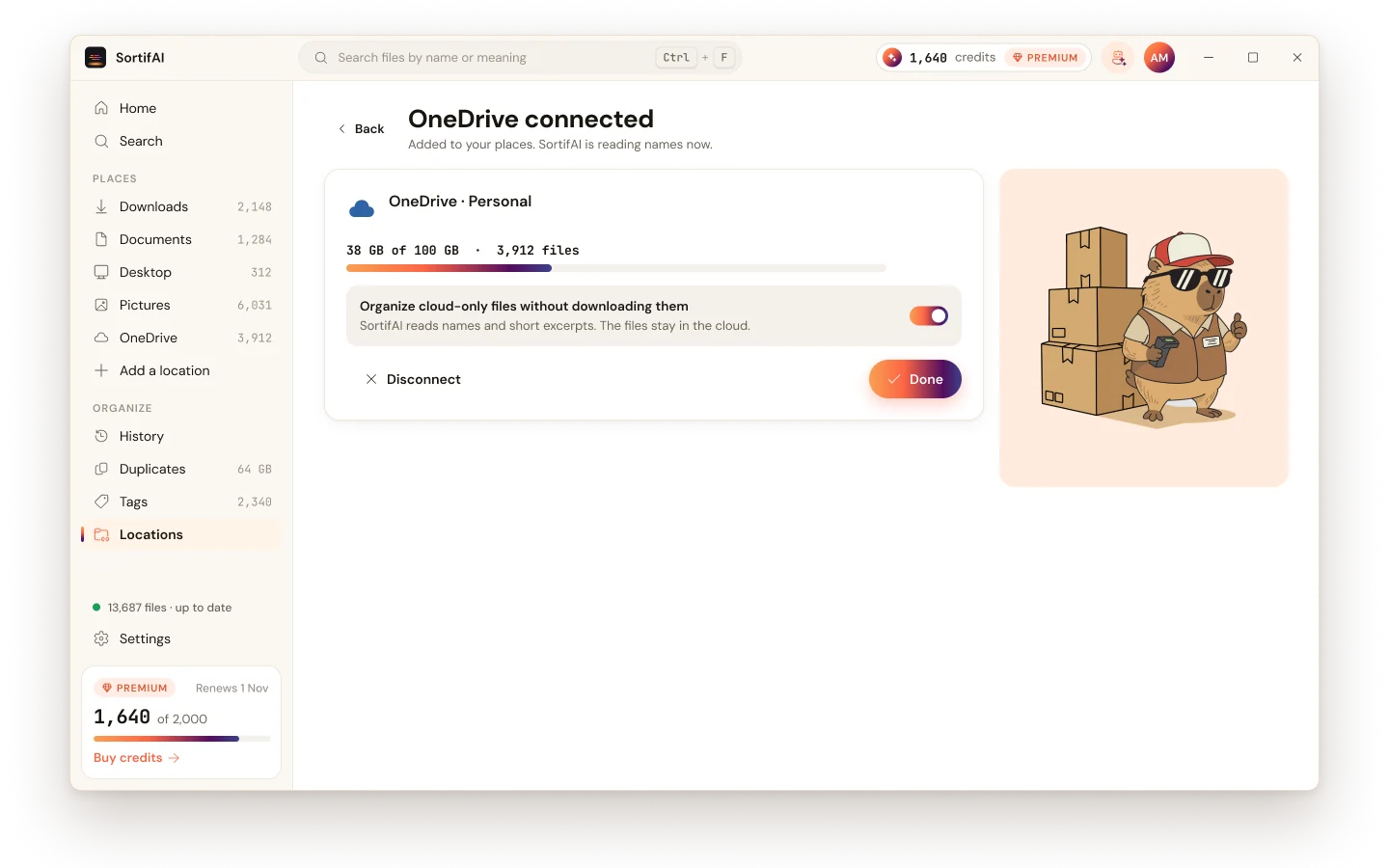 SortifAI for Windows: OneDrive connected, cloud-only files organized without downloading them
